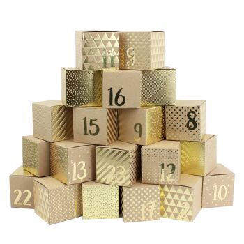 Calendrier de l'Avent Premium à remplir - 24 boites dorées avec 24 chiffres dorés pour l'artisanat 24 boites marron naturel en carton 400g/m² pour la mise en place et la décoration 1