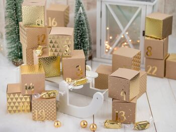 Calendrier de l'Avent Premium à remplir - 24 boites dorées avec 24 chiffres dorés pour l'artisanat 24 boites marron naturel en carton 400g/m² pour la mise en place et la décoration 4