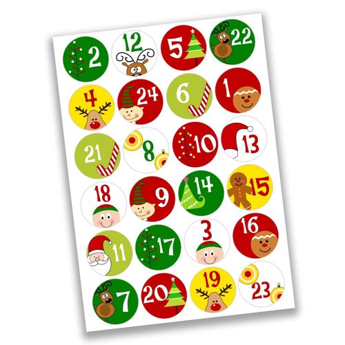 24 Adventskalenderzahlen Aufkleber - Bunte Motive Nr 01 - Sticker 4 cm - zum Basteln und Dekorieren