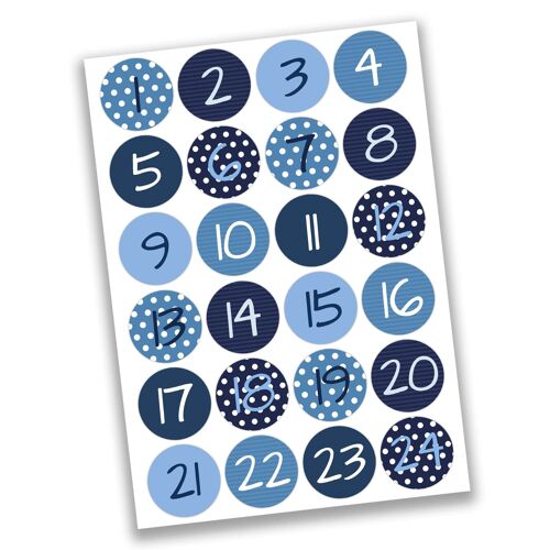 24 Adventskalender Zahlen Aufkleber - Blaue Zahlen Nr 02 - Sticker 4 cm - zum Basteln und Dekorieren