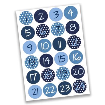24 Stickers Chiffres Calendrier de l'Avent - Chiffres Bleus N° 02 - Stickers 4 cm - pour bricoler et décorer
