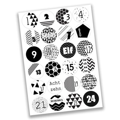 24 advent calendar number stickers - black and white geometric no 04 - sticker 4 cm - for crafting and decorating