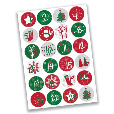 24 Adventskalenderzahlen Aufkleber - klassisch rot grün Nr 15 - Sticker 4 cm - zum Basteln und Dekorieren