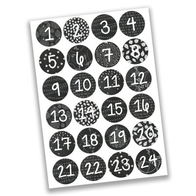24 pegatinas con números de calendario de adviento - blanco y negro No. 16 - pegatina de 4 cm - para manualidades y decoración