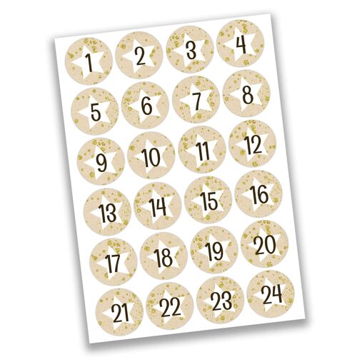 24 Adventskalender Zahlen Aufkleber - weiße Sterne auf beige Nr 18 - Sticker 4 cm - zum Basteln und Dekorieren