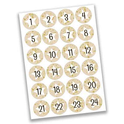 24 pegatinas numéricas del calendario de adviento - estrellas blancas sobre beige n. ° 18 - pegatina de 4 cm - para hacer manualidades y decorar