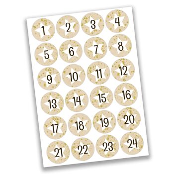 24 stickers chiffres calendrier de l'avent - étoiles blanches sur beige N°18 - sticker 4 cm - pour bricoler et décorer