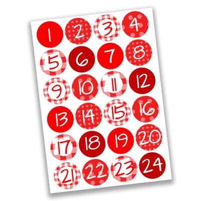 24 pegatinas con números de calendario de adviento - rojo clásico no 20 - pegatina de 4 cm - para manualidades y decoración