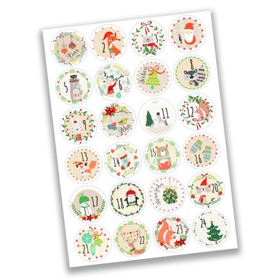 24 Adventskalender Zahlen Sticker - Bilder verspielt Nr 22 - Aufkleber 4 cm - zum Basteln und Dekorieren