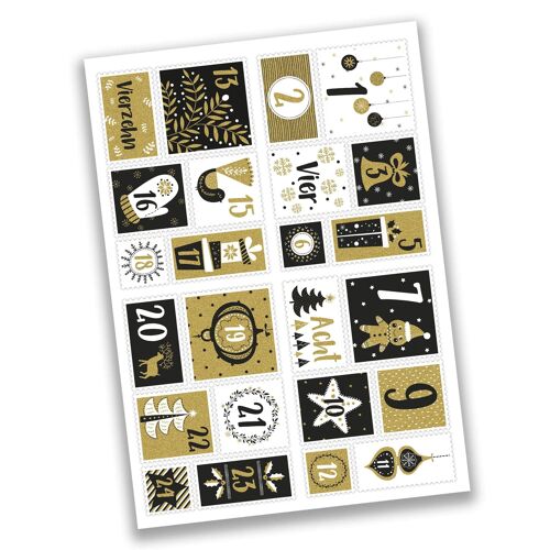 24 Adventskalender Zahlenaufkleber - Briefmarke Gold Nr 52 - Sticker - zum Basteln und Dekorieren