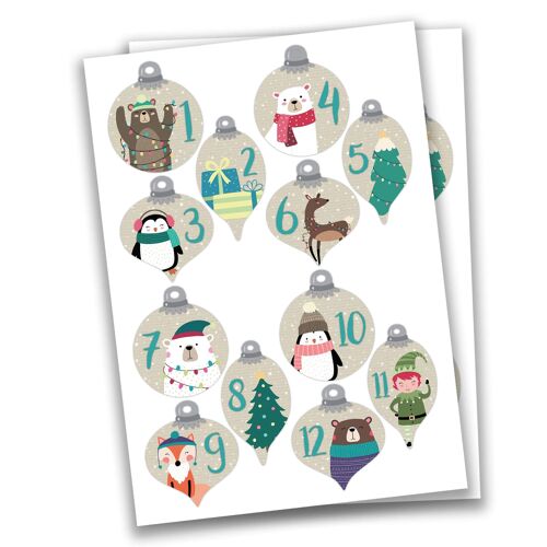 24 Adventskalender Weihnachtssticker - Kugeln mit Tieren Nr 58 - Sticker - zum Basteln und Dekorieren