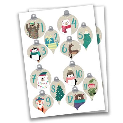 24 autocollants de Noël calendrier de l'Avent - boules avec des animaux n ° 58 - autocollants - pour l'artisanat et la décoration