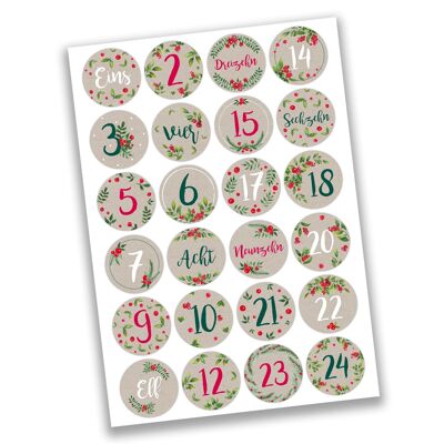 24 advent calendar Christmas stickers - Leaves and Berries No. 67 - sticker 4cm - for crafting and decorating