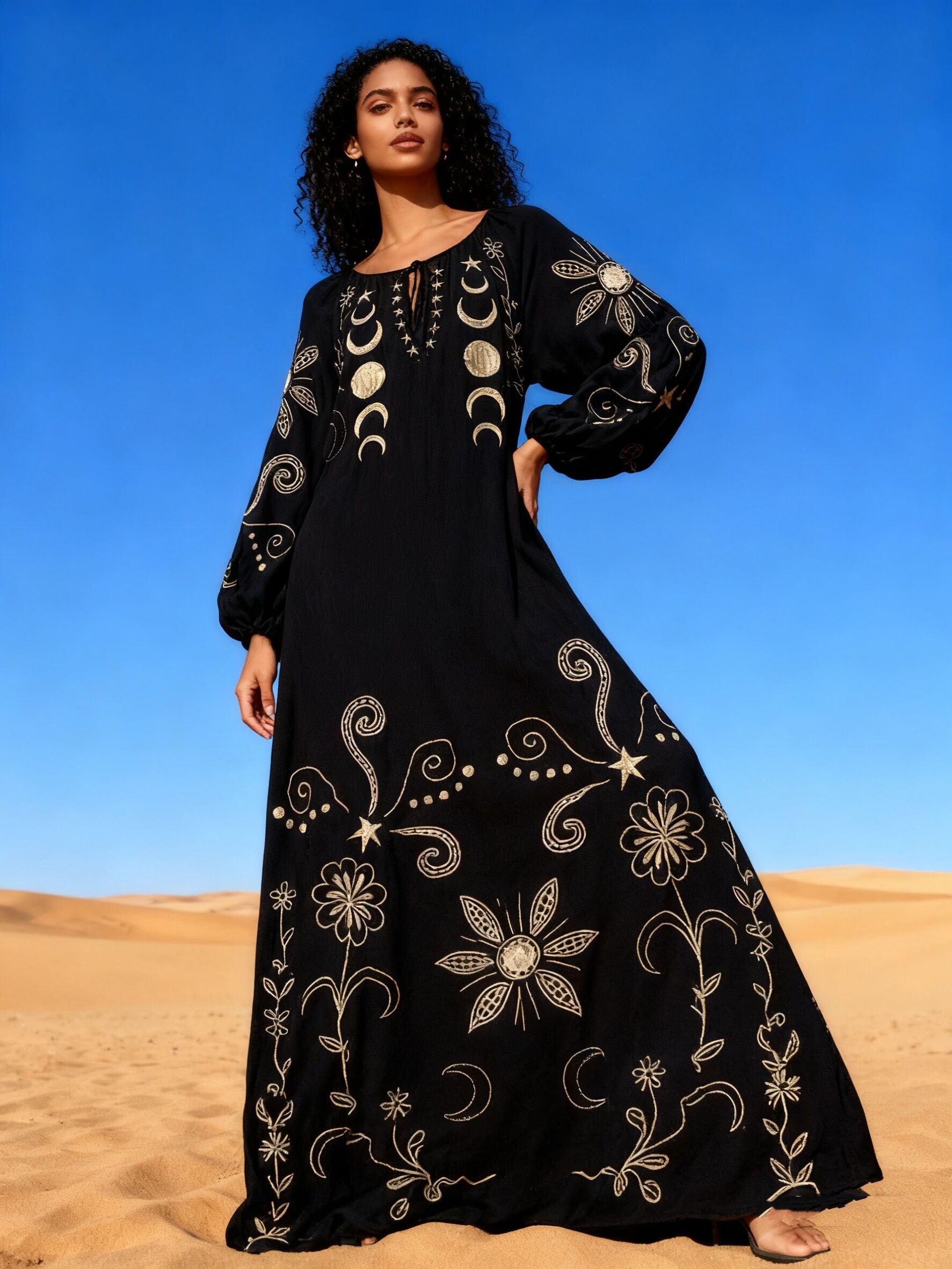 Long dress with embroidery, flared cut, boat neck