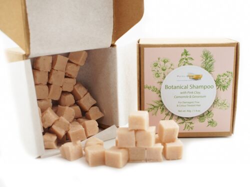 Botanical Shampoo Cubes with Pink Clay & Geranium - for Damaged & Fine Hair, 40g