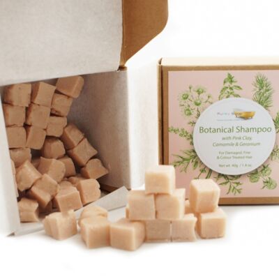 Cubes de shampooing botanique à l'argile rose et au géranium - pour cheveux abîmés et fins, 40 g