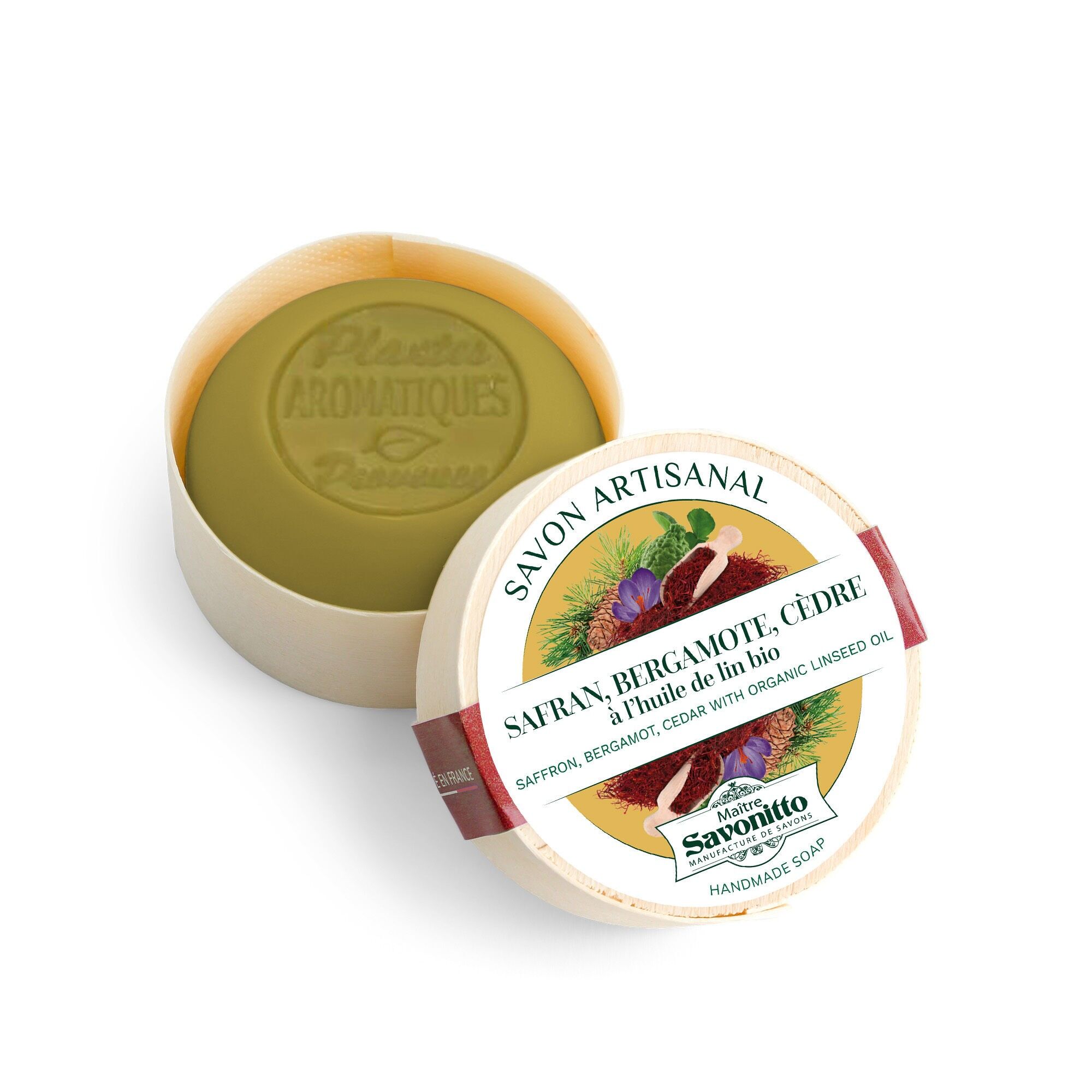 Savon Safran Bergamote, Cèdre dans boite en bois 100g