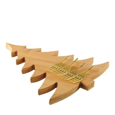 FIR WOOD CHEESE PLATE WITH 4 GOLDEN FORKS