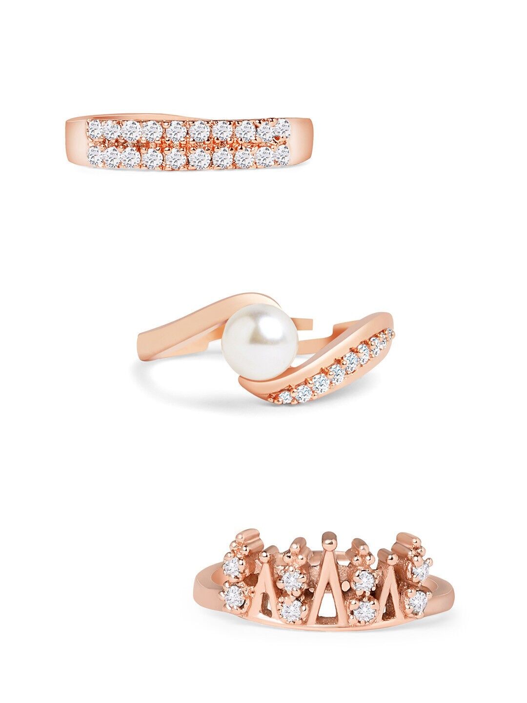 Rose Gold-Plated CZ & Beaded Finger Rings – Adjustable Ring Set – Mixed Finishes – Pack of 3