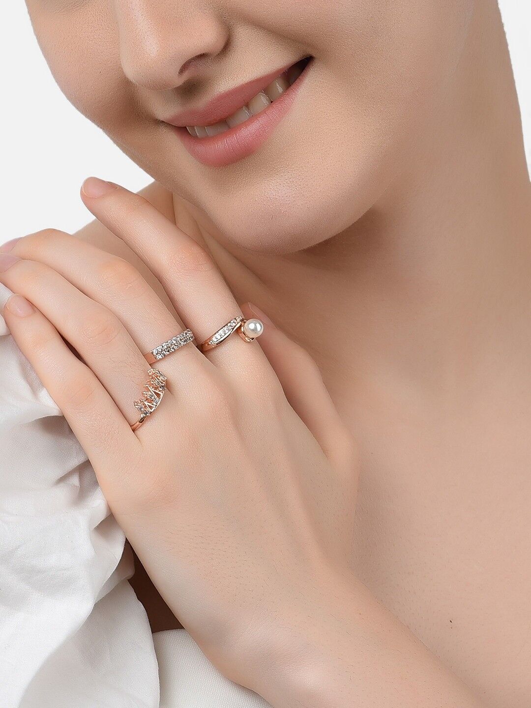 Rose Gold-Plated CZ & Beaded Finger Rings – Adjustable Ring Set – Mixed Finishes – Pack of 3