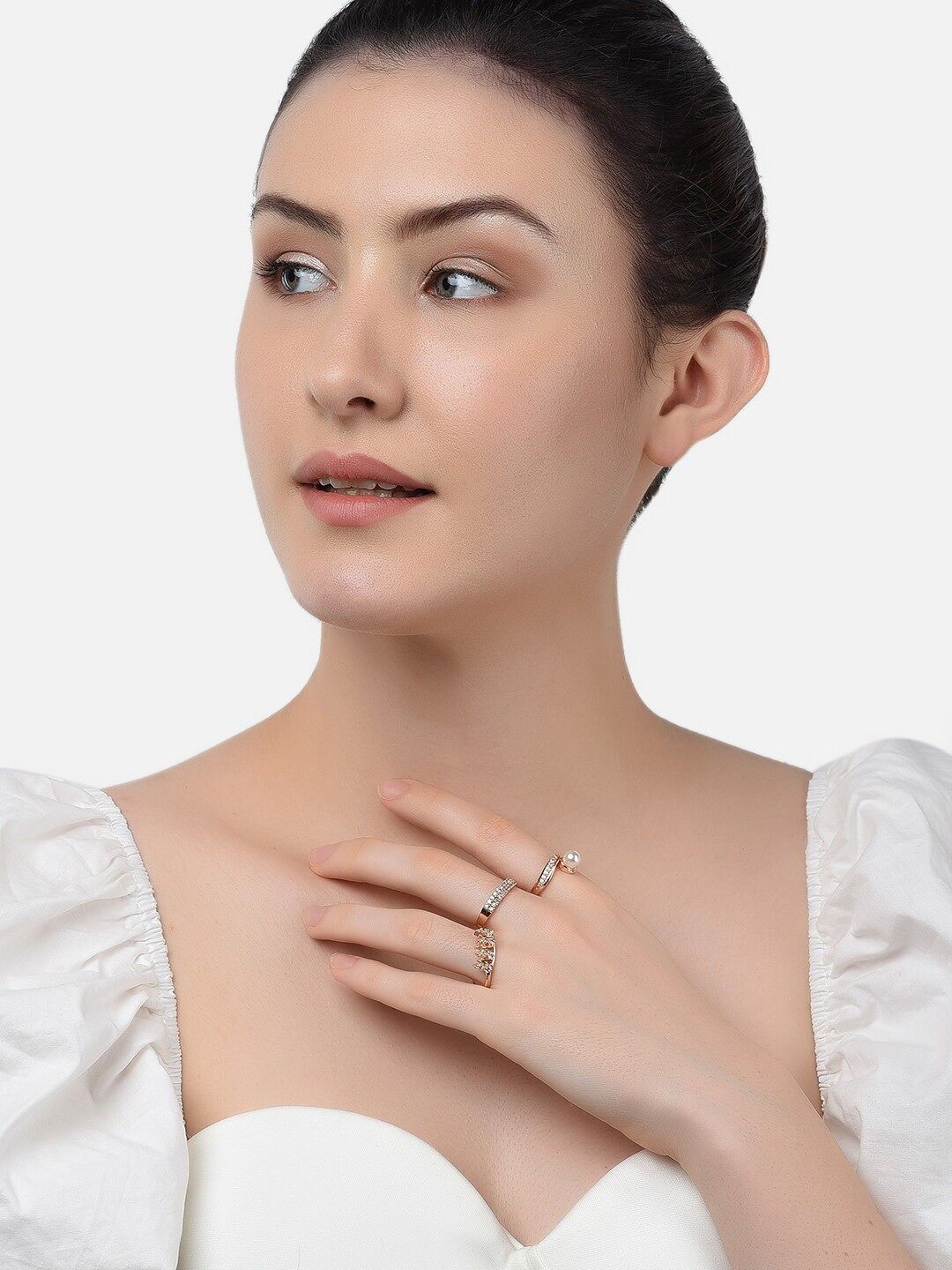 Rose Gold-Plated CZ & Beaded Finger Rings – Adjustable Ring Set – Mixed Finishes – Pack of 3
