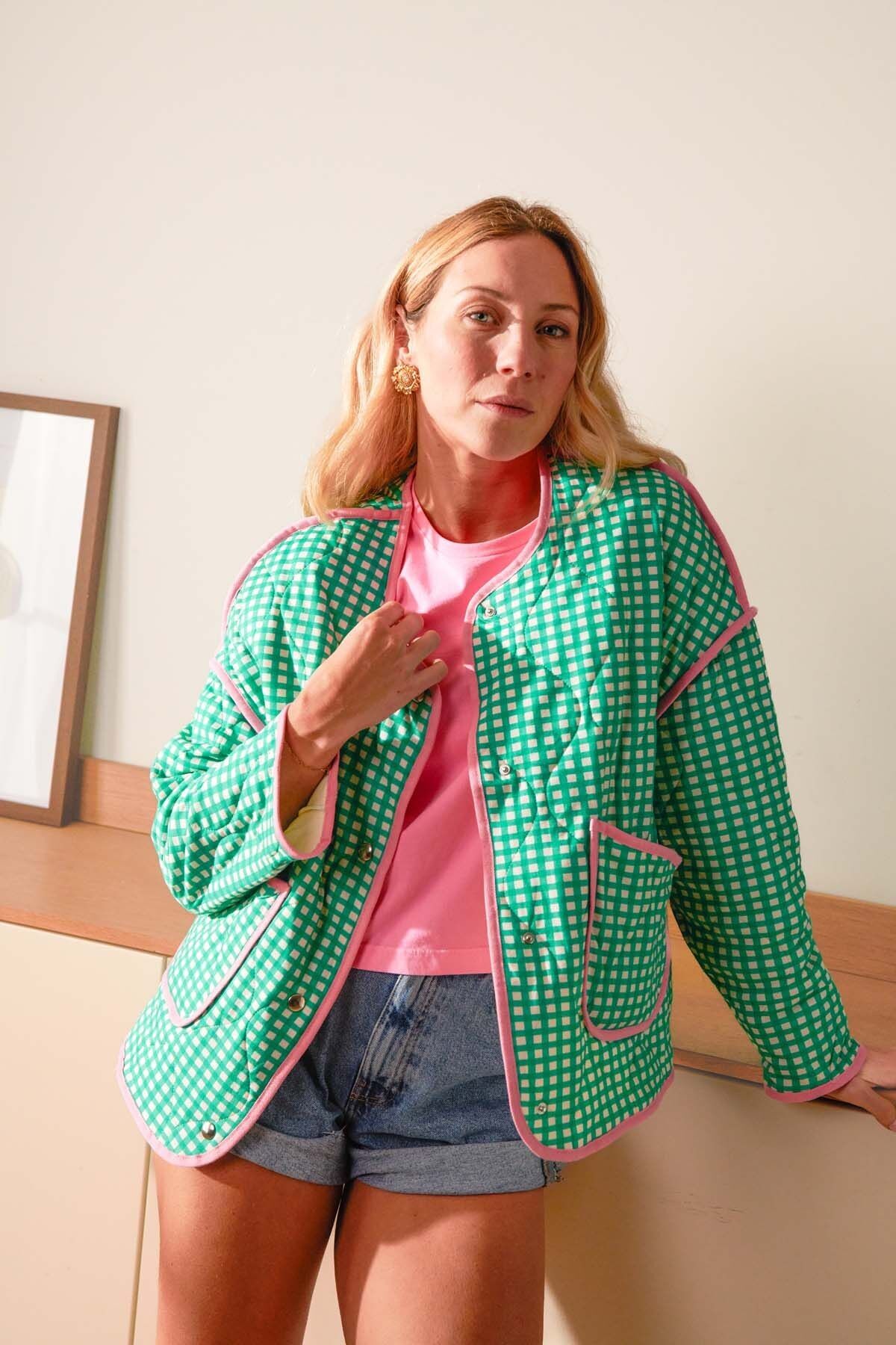 Organic Cotton Quilted Jacket - Green Gingham