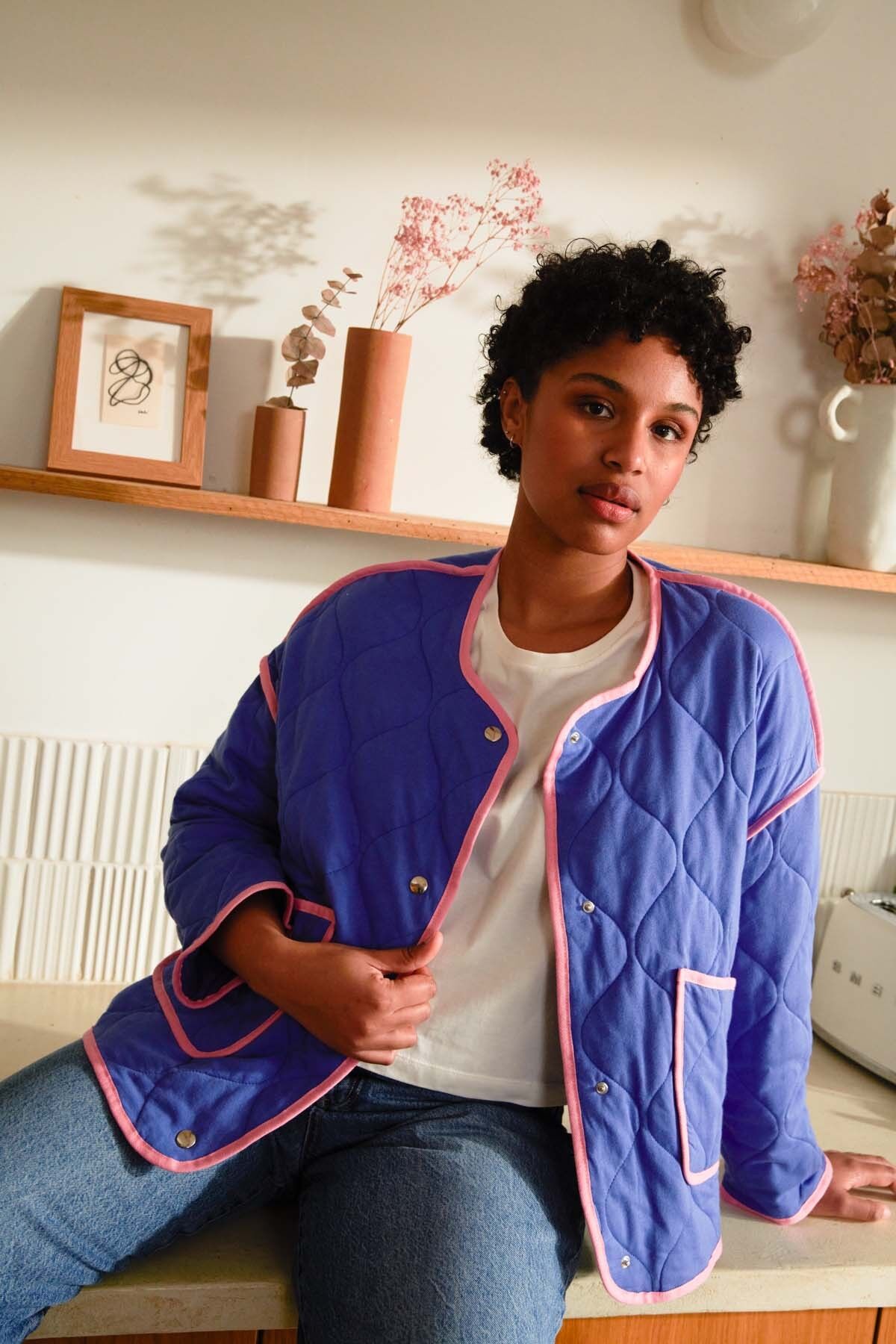 Organic Cotton Quilted Jacket - Blue and Pink