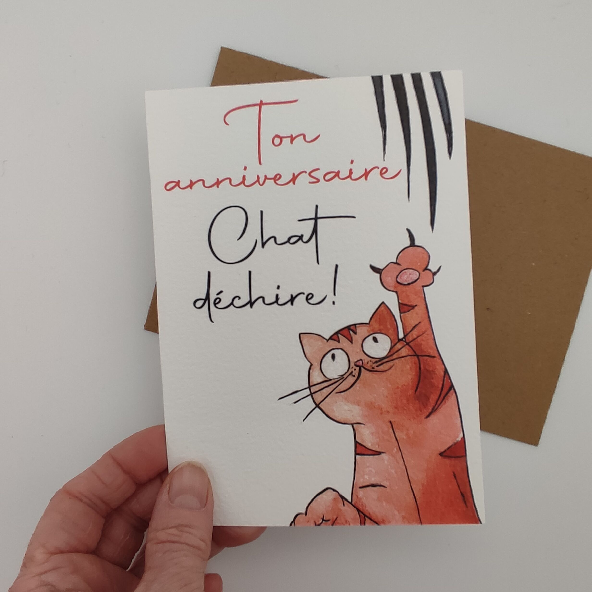 Carte aquarelle illustrée anniversaire – "Chat déchire". A6