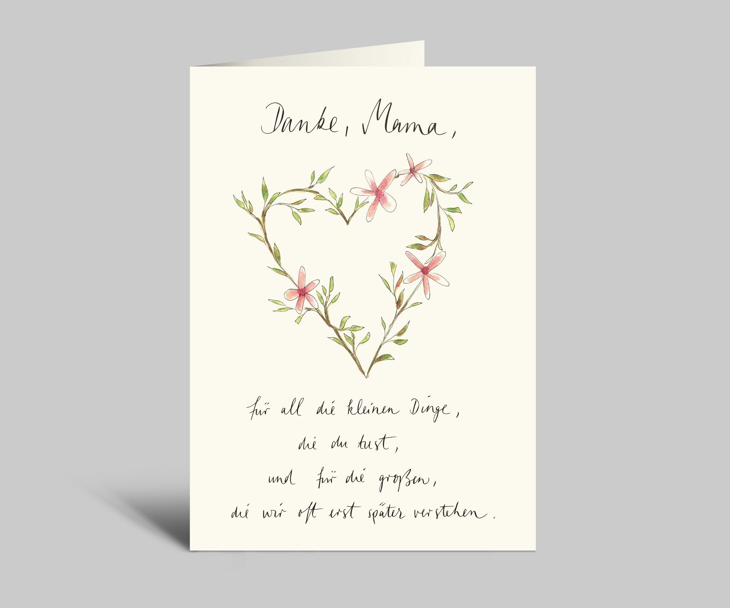 Carte pour la fête des mères | Merci maman | Motif aquarelle | Couronne de fleurs | Carte pliée avec enveloppe