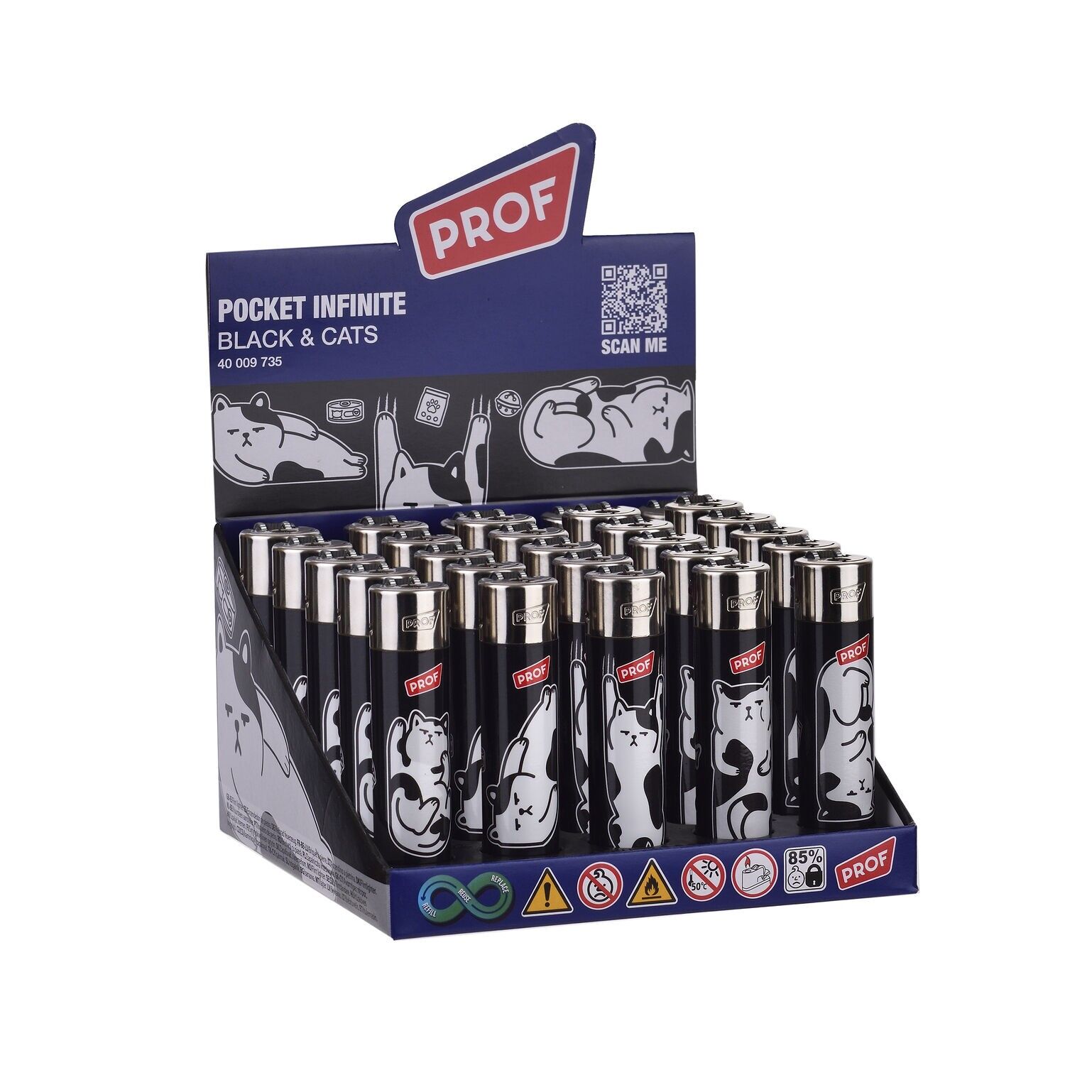 Briquet rechargeable PROF Black & Cat Round Flint