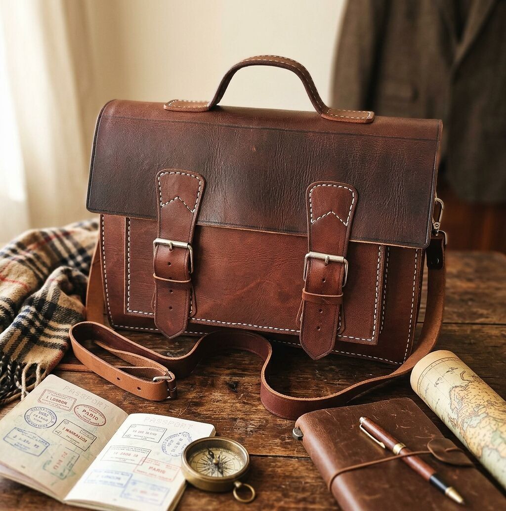 Cowhide Leather Double Strap Satchel Schoolbag, Rigid Gusset Flap Backpack Small Large, Double Front Zip Pocket Bag, Men Women Vintage School Work Gift
