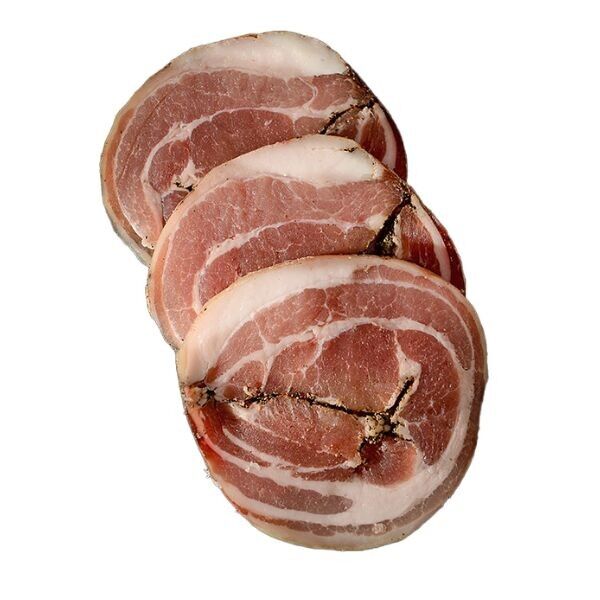 Gerollter, in Scheiben geschnittener Schweinebauch