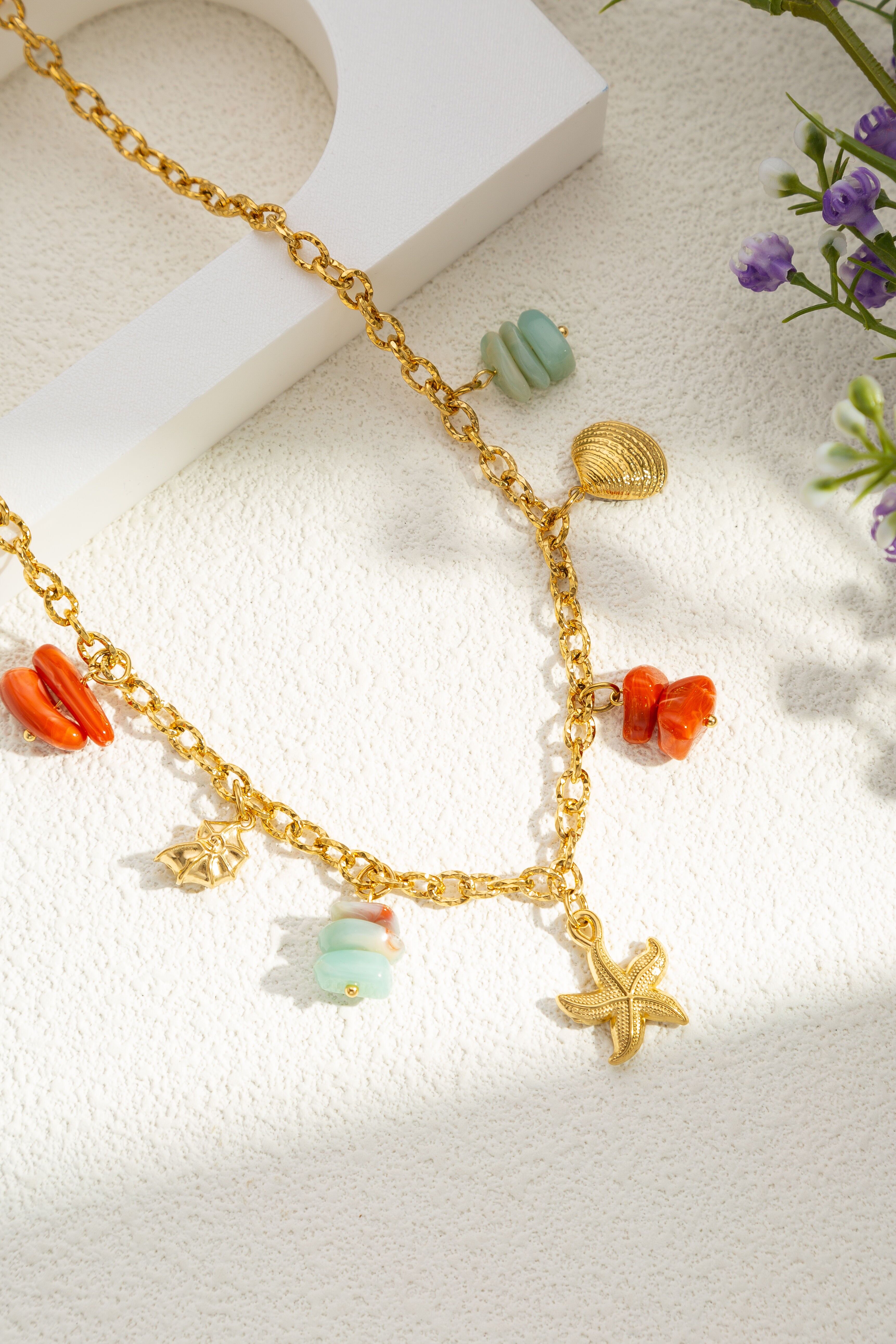 Gold-tone Marine Charm Necklace, Stainless Steel, Turquoise and Coral Beads, Bohemian Style
