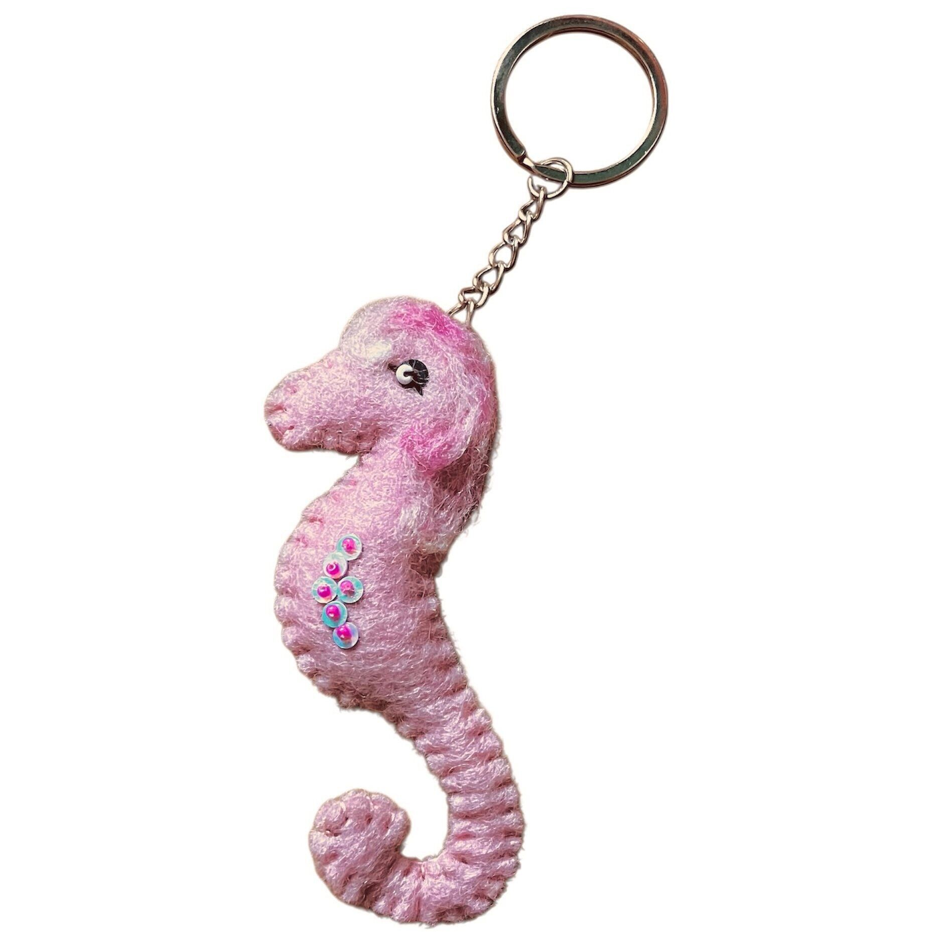 sustaianble keychain flat seahorse - bag charm - L pink with sequins - wool felt - handmade in Nepal