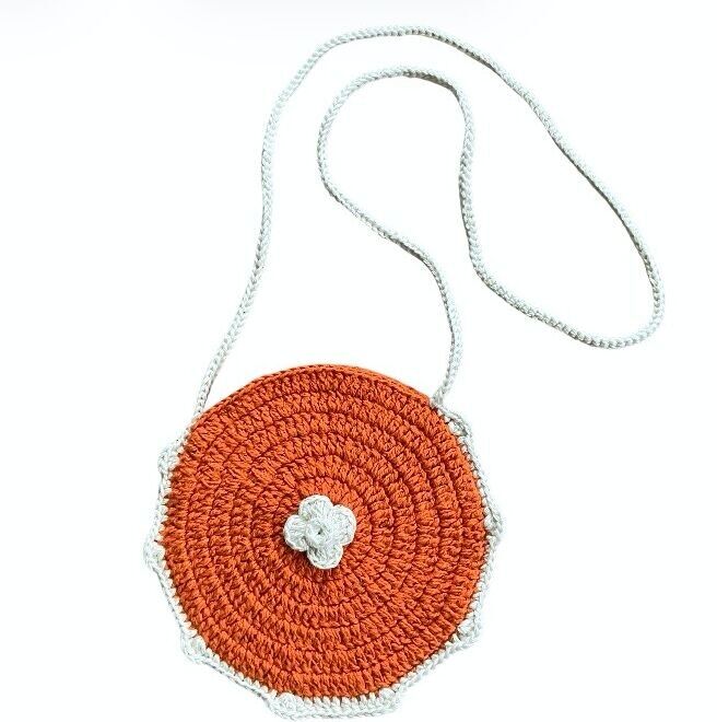sustainable kids bag round - orange - organic cotton - hand crocheted in Nepal