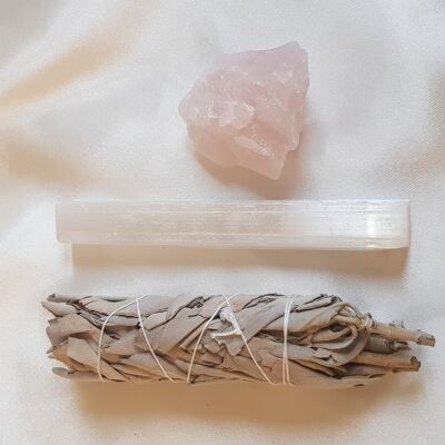 Kit Luna Piena e Amore (Salvia Bianca, Selenite e Quarzo Rosa)