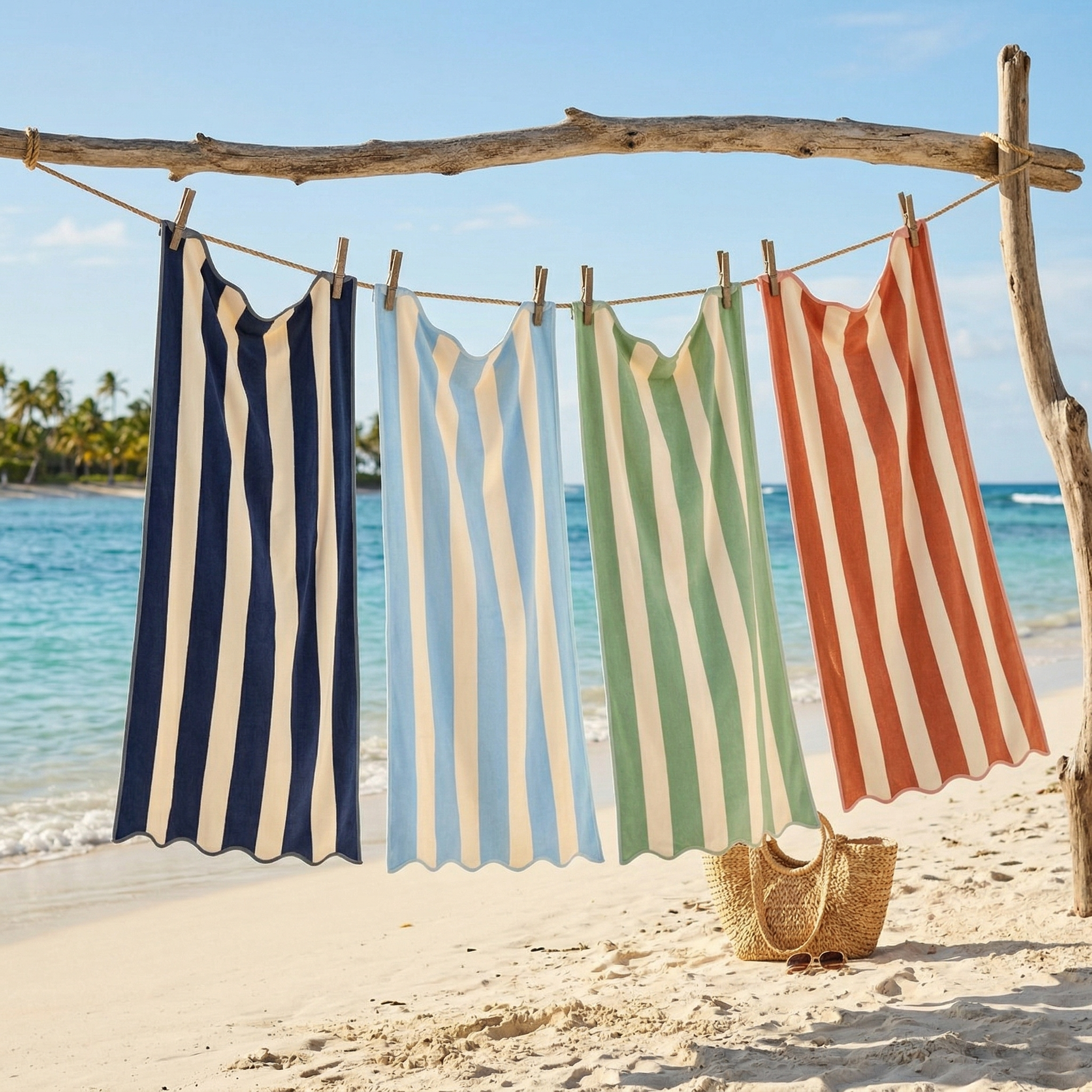 Großes, gestreiftes Strandtuch mit Wellensaum, 90 x 170 cm – 100 % Baumwolle