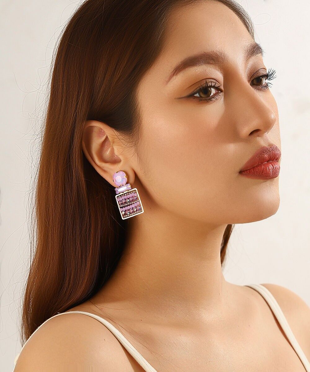 Boucles d’oreilles clips strass carré perles – 26PEBOL028