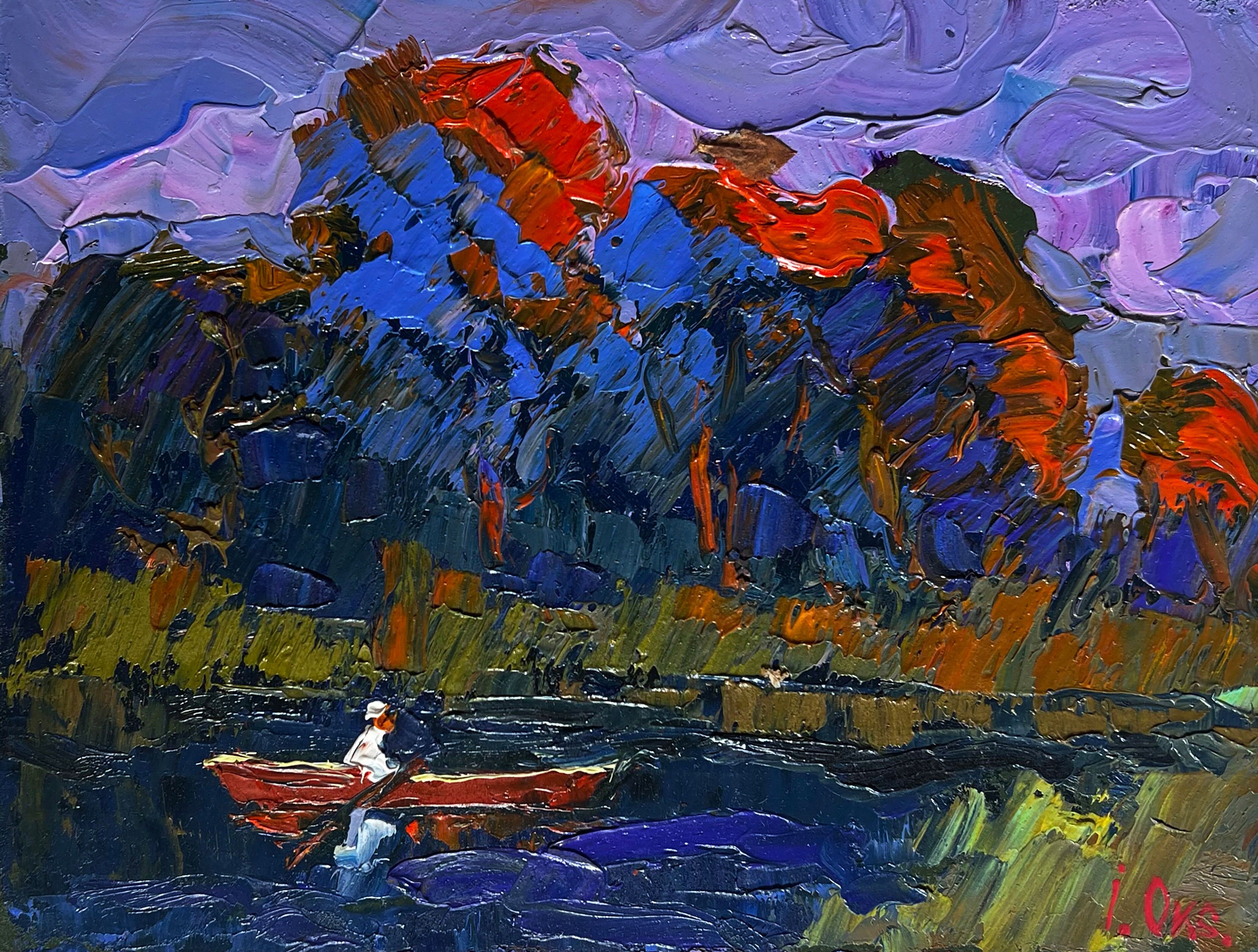 Dipinto a olio Fa fresco lungo il fiume la sera Oksana Ivanyuk 15x20cm