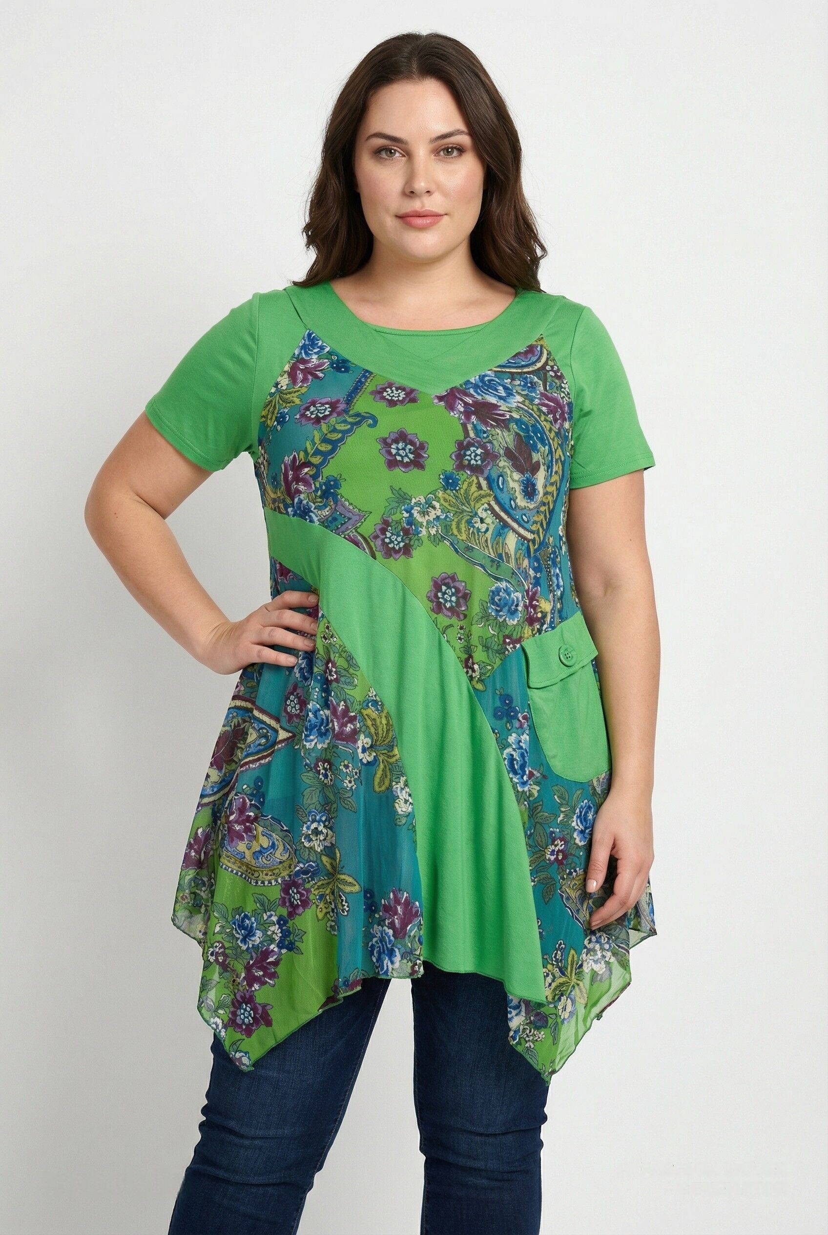 Green printed tunic set + matching plus size t-shirt (PA235)