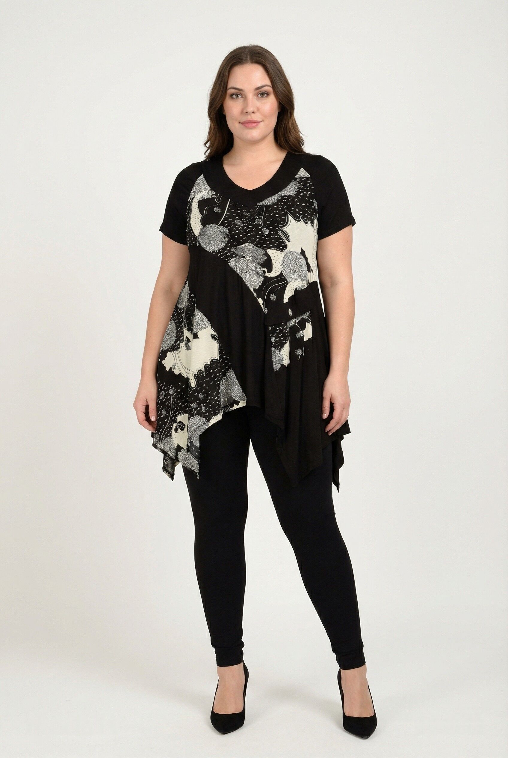 Black printed tunic set + matching plus size t-shirt (PA235)