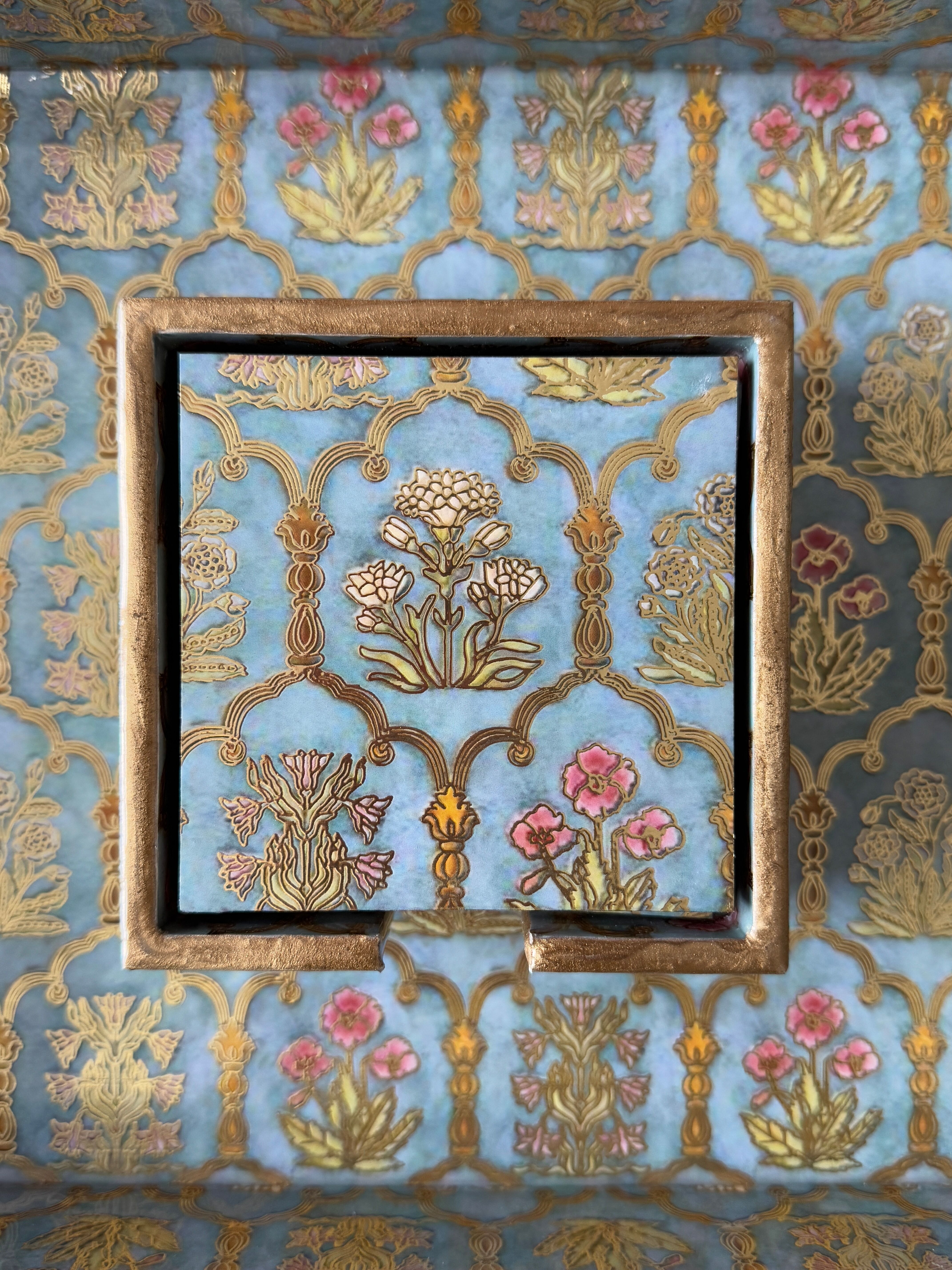 Set of 6 Coasters with Case- Mahraab (Arch)- Turquoise Gold (10.5 X 10.5 X 5 cms)
