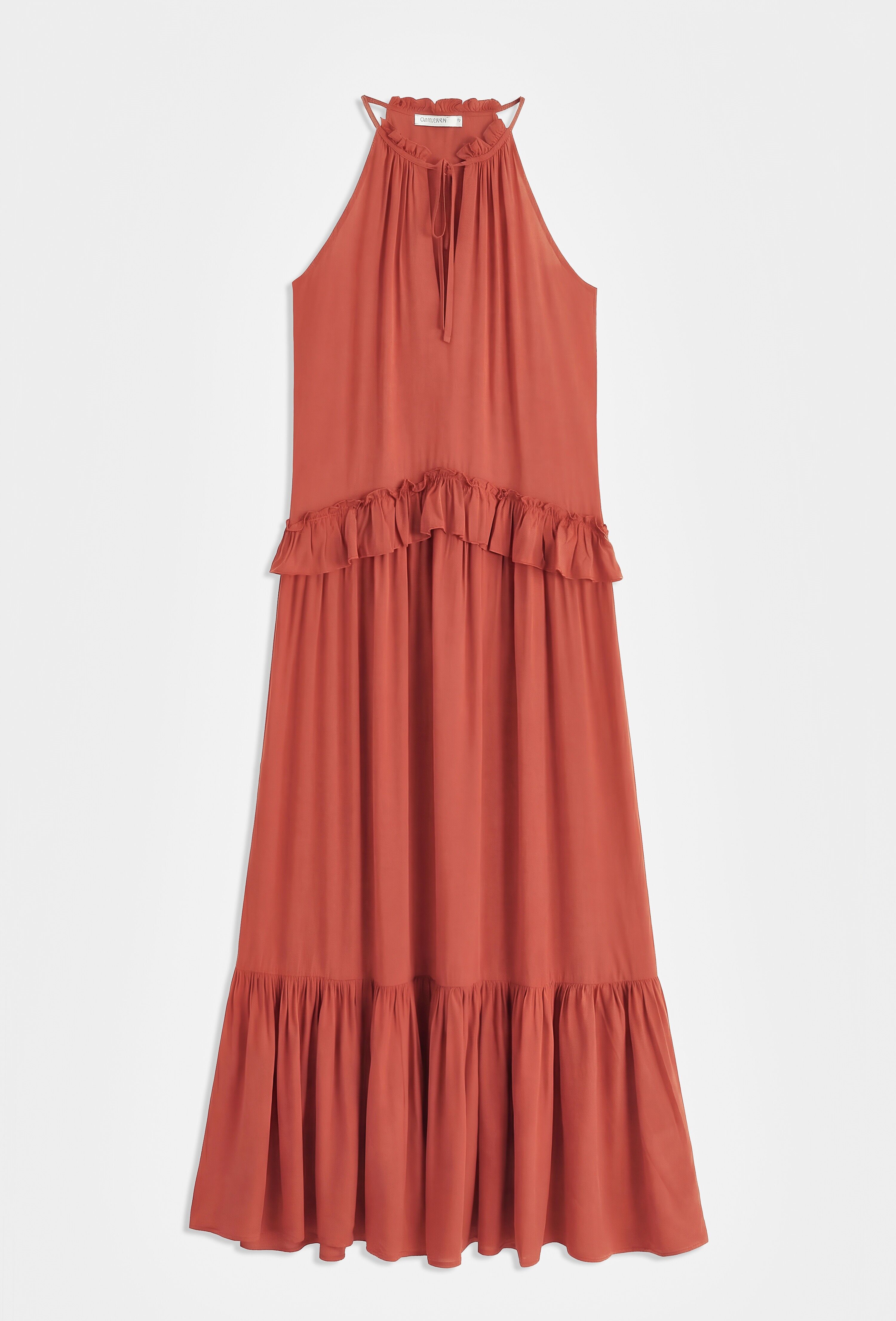 Vestido largo con volantes y cuello halter PS9550