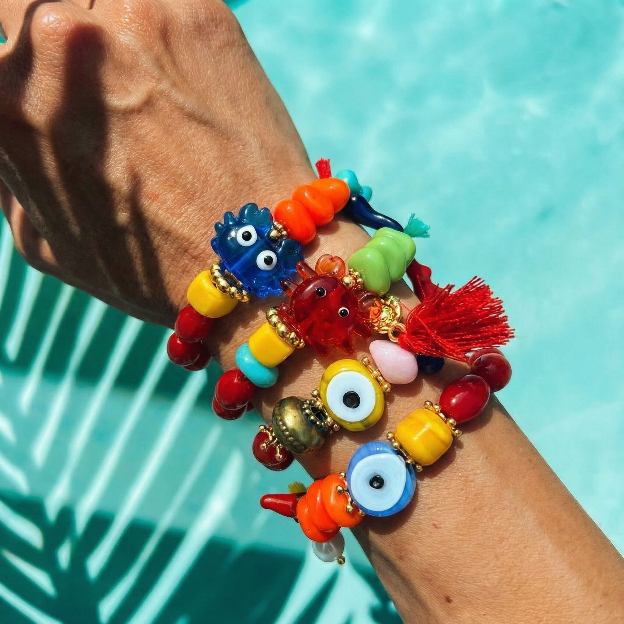 Mediterranean Charm Beaded Bracelet, Crabs and Eyes