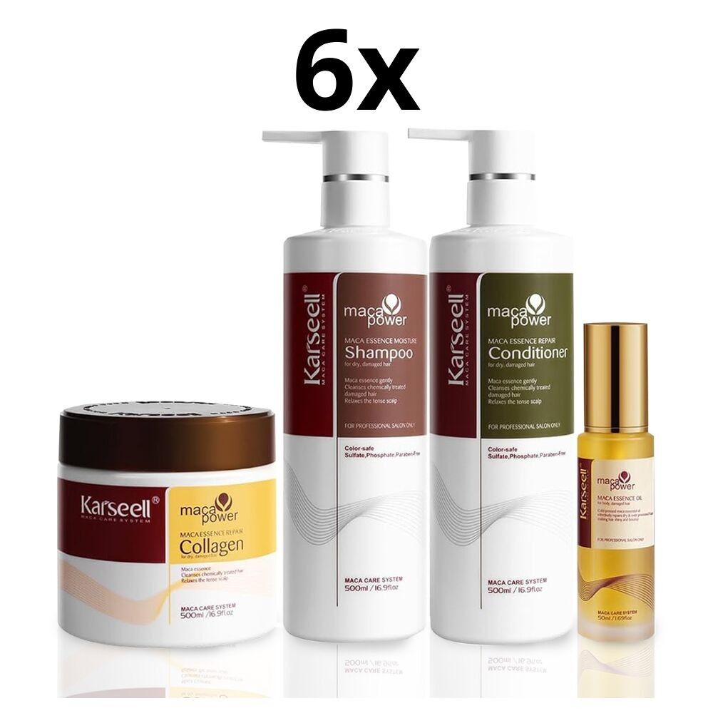 KARSEELL Starter Pack: 6 Collagen Masks 500ml + 6 Argan Oil Serum 50ml + 6 Maca Essence Shampoo 500ml + 6 Maca Essence Conditioner 500ml