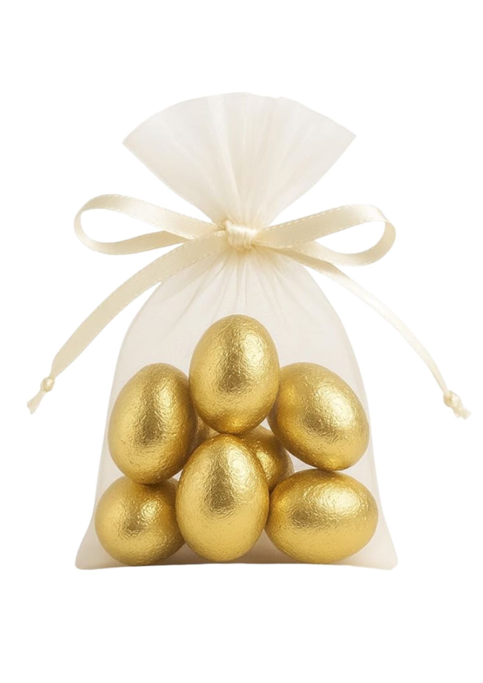 Set of 25 organza bags filled with 6 milk chocolate praline eggs wrapped in gold foil, perfect for Easter