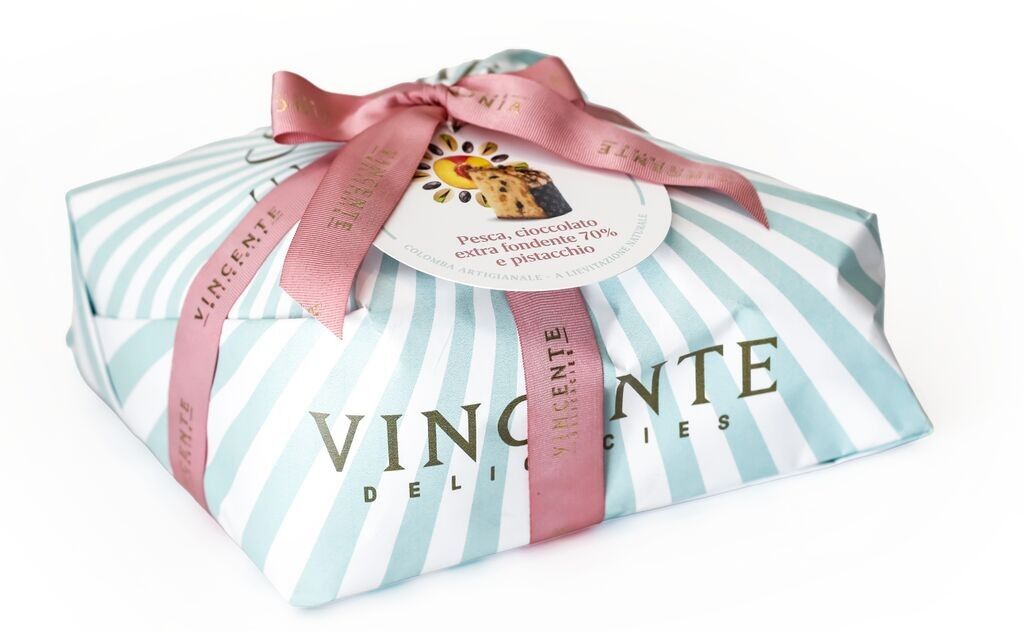 Pâtisserie - Colombe artisanale pêche chocolat noir et pistache - 750 grs - Vincente Delicacies