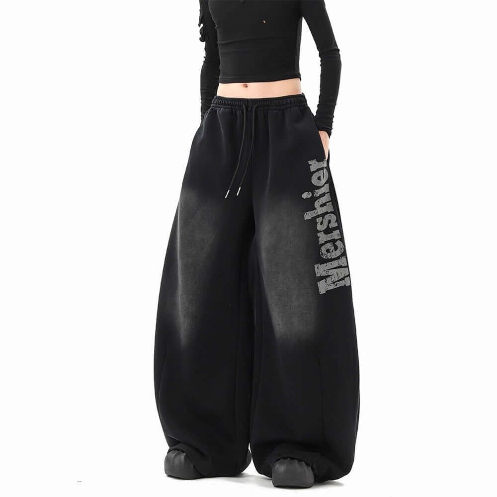 Washed Letter Sweatpants - Loose Fit