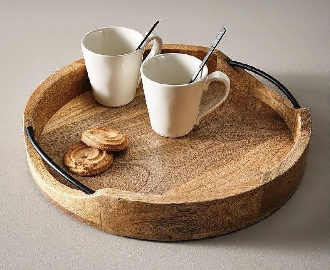 Rustic Round Serving Tray – Handcrafted Mango Wood & Iron – 10-inch Diameter