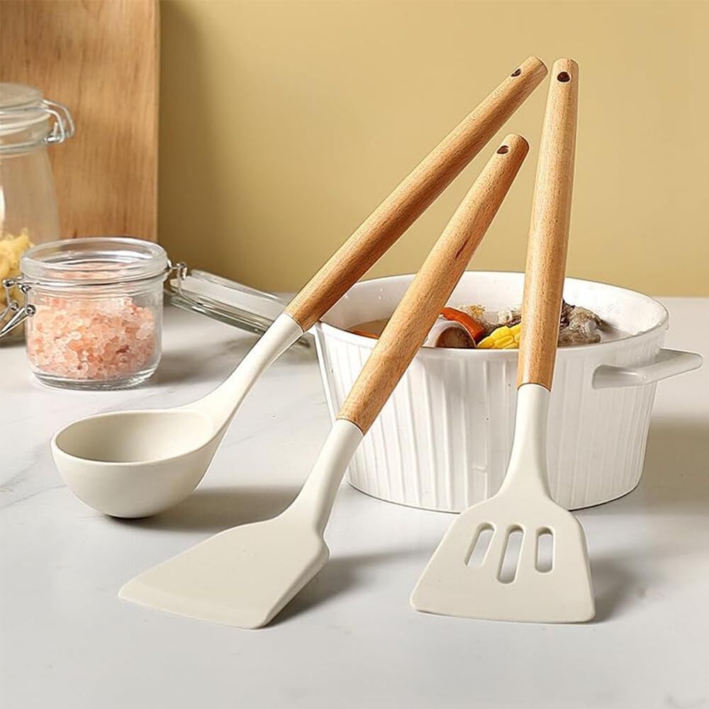 Silicone Spatula & Utensil Set – Kitchen Cooking Tools – Heat-Resistant Silicone, Wood Handle – Cream